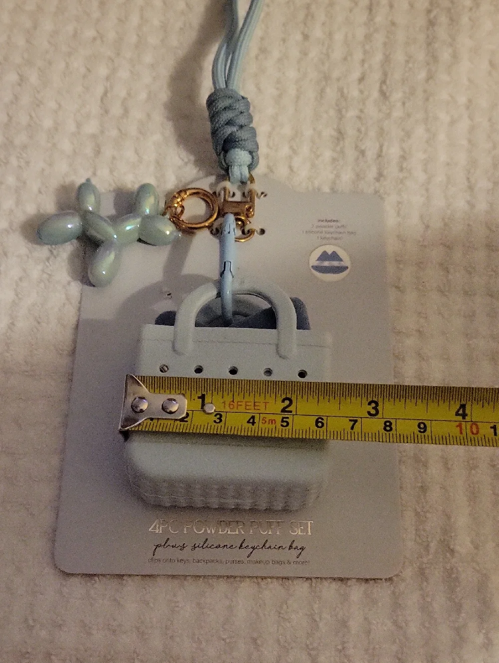 New Mini Tote Keychain, 4PC Powder Puff Set, Blue Iridescent Balloon Dog Charm‎